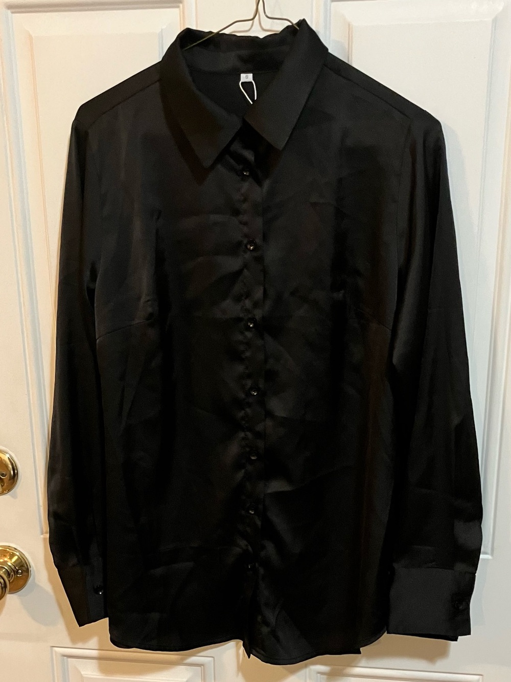 Black Satin Long Sleeve Button Up Blouse-Small